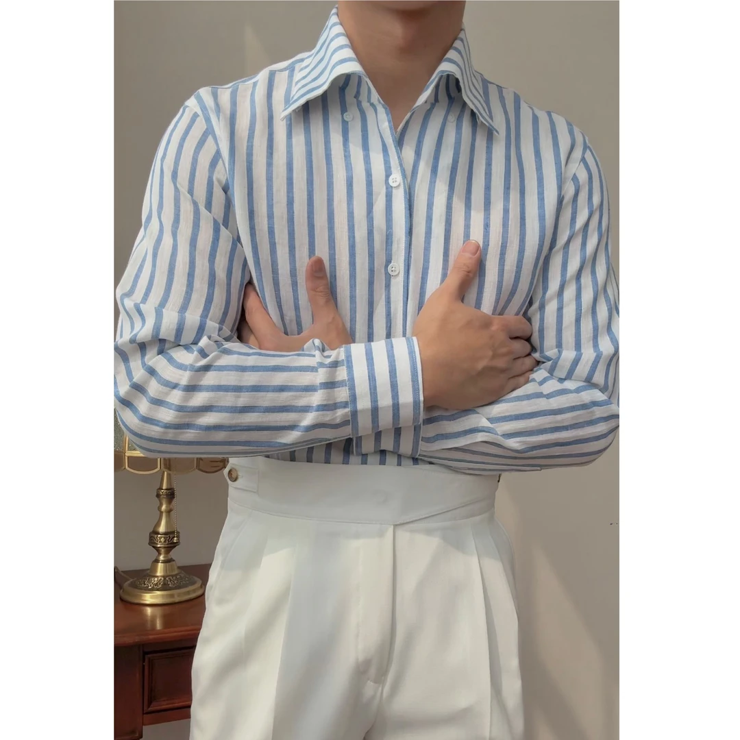 【亚麻100％】老钱风亚麻绅士衬衫竖条纹衬衫松弛上衣简约8722