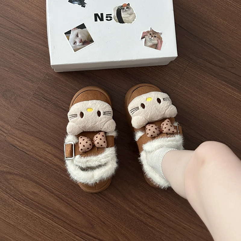 可爱卡通大头猫一字扣棉鞋女2025秋冬新款外穿厚底加绒保暖雪地靴
