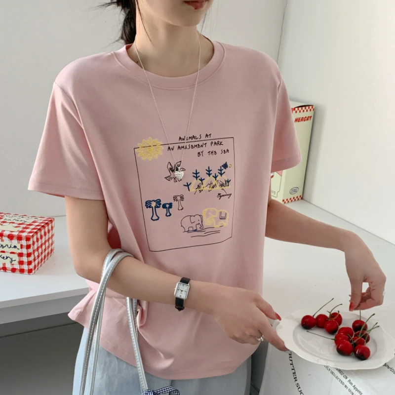 7973 夏季新款休闲百搭韩版ins宽松时尚舒适印花圆领短袖T恤