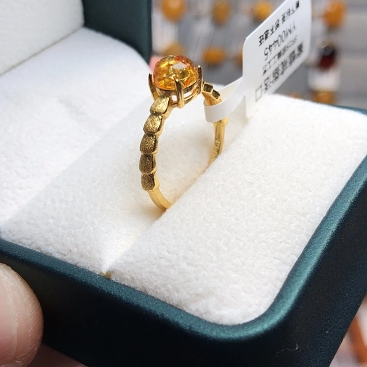 琥珀（花珀）银S925镀金镶嵌戒指