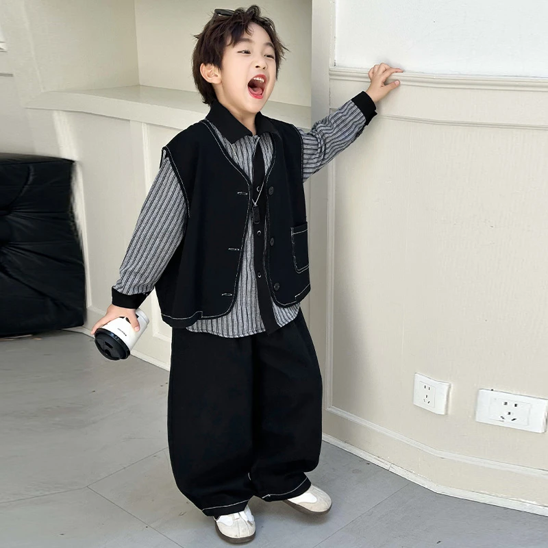 男童牛仔马甲三件套2025秋季新款韩范痞帅衬衫儿童阔腿裤春秋套装