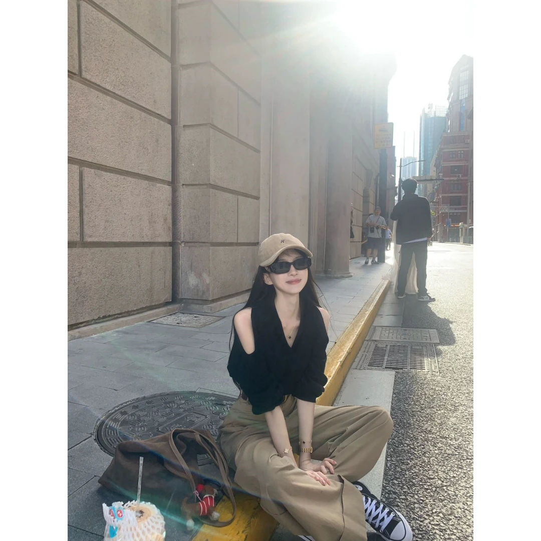 韩版尚气质修身休闲设计感外穿上衣宽松阔腿长裤洋气休闲百搭套装