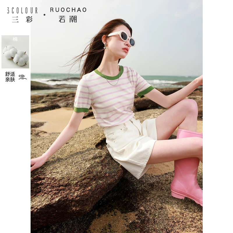 三彩大码女装2025夏季新款浅粉条纹圆领针织衫短袖甜美套头胖MM