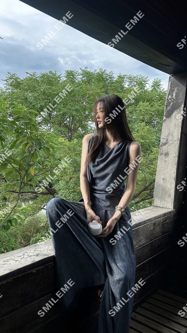 2-SMILEME【温润格调】夏季穿搭‘’天丝＋亚麻‘’混纺无袖上衣裤子套装
