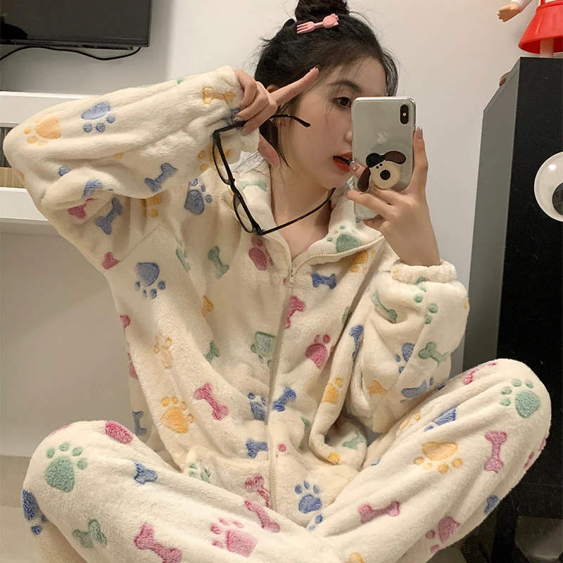 骨头睡衣少女秋珊瑚绒加厚保暖可爱拉链法兰绒大码家居服套装