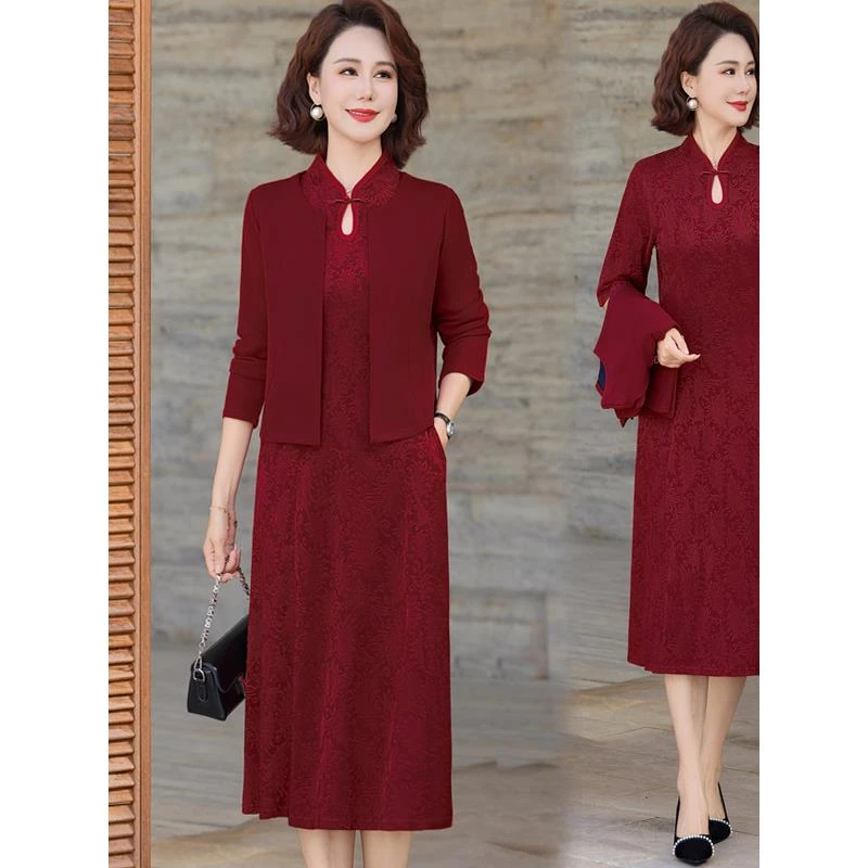 中年高档妈妈装春秋外皮加连衣裙两件套中长款洋气宴会礼服旗袍裙