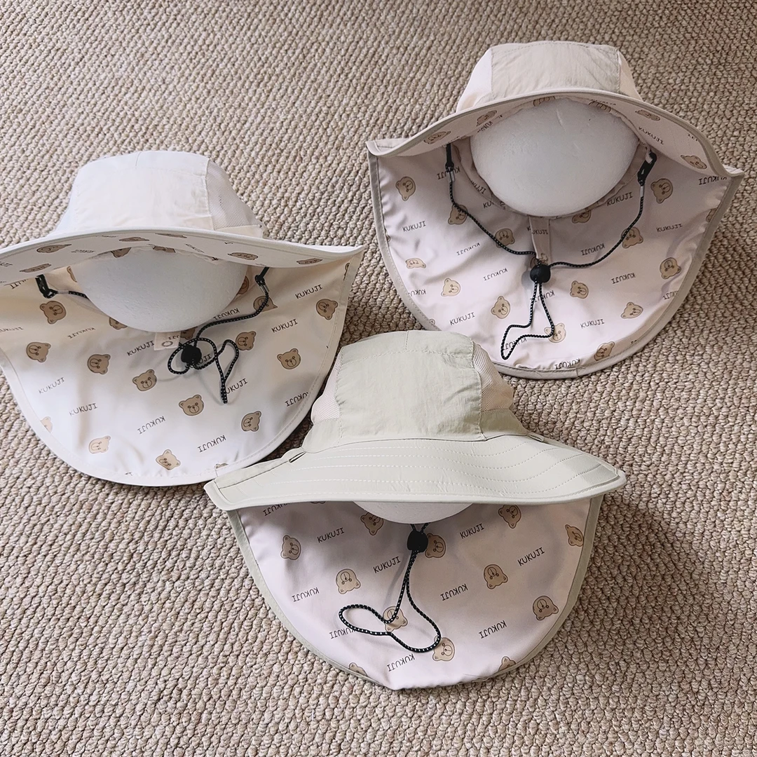 儿童帽子夏季披肩护脖子大帽檐男童小熊防晒帽速干宝宝凉帽渔夫帽