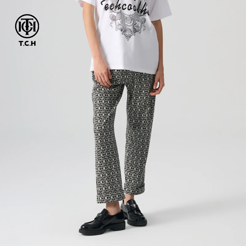 TCH轻奢烫钻工艺时尚休闲花纹修身情侣款休闲裤T72A206083私服tch