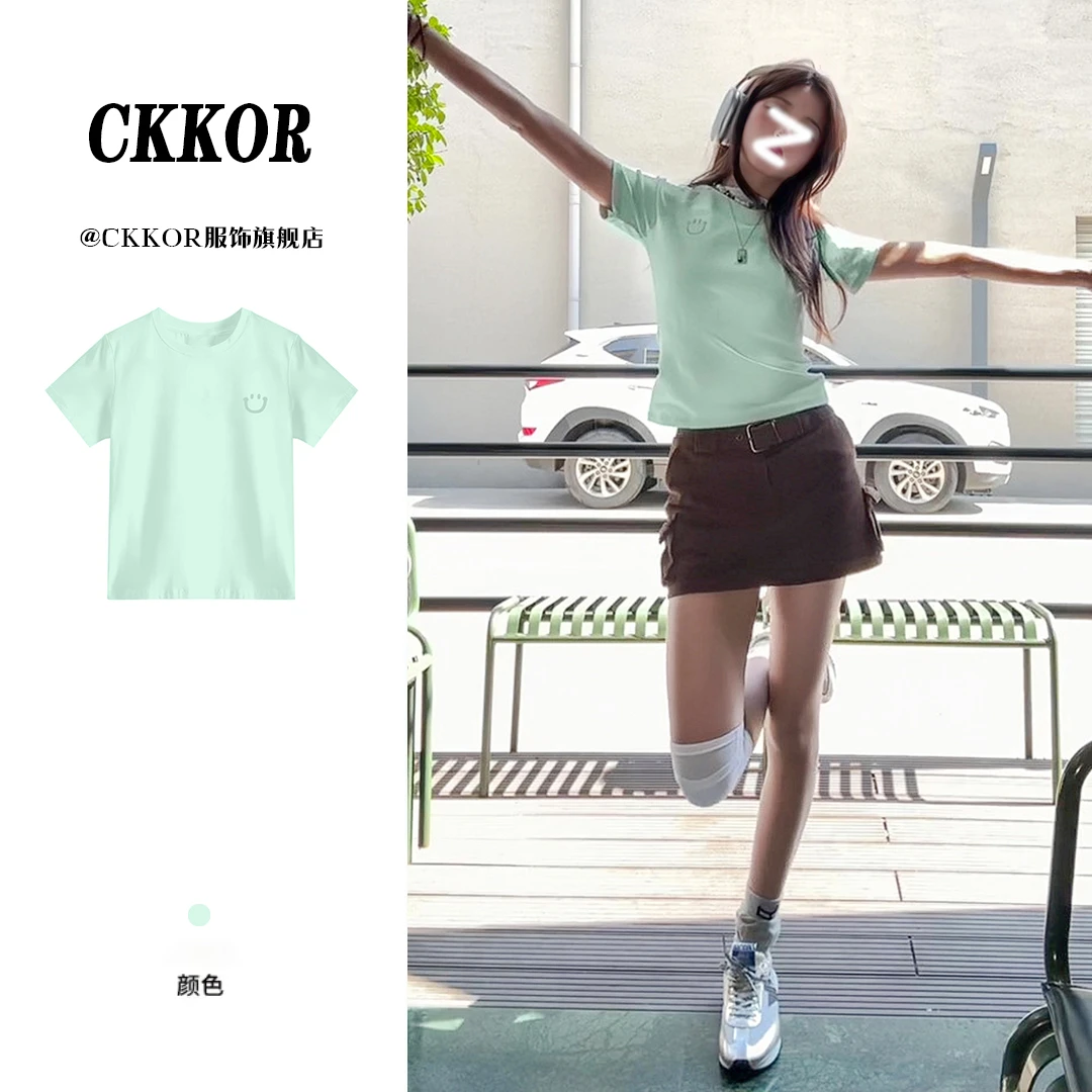 CKKOR夏季新款正肩短袖t恤女韩版简约时尚辣妹风穿搭修身显瘦上衣