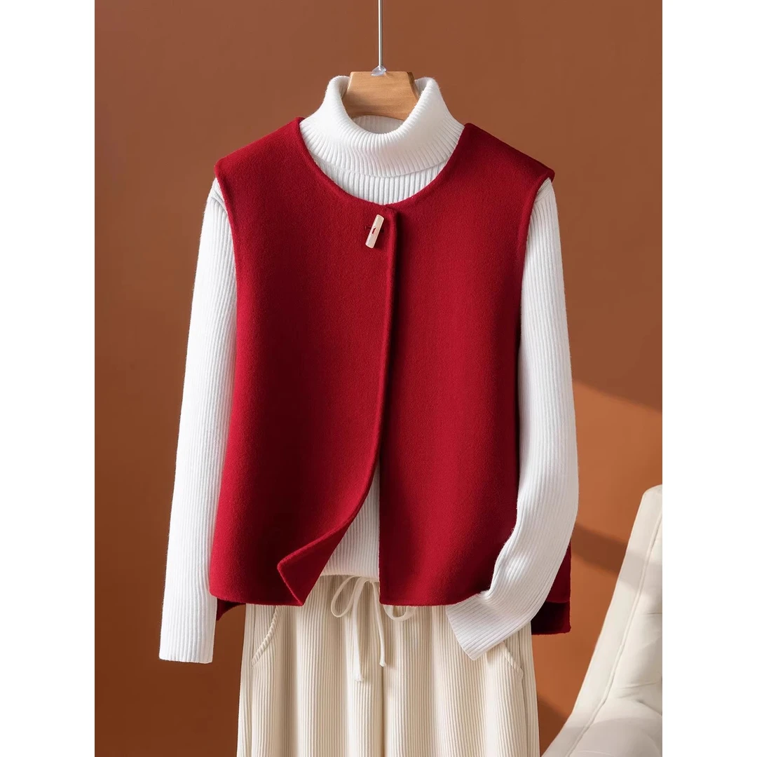 新中式国风羊毛短款毛呢马甲女2025秋冬新款双面羊毛大衣背心无袖