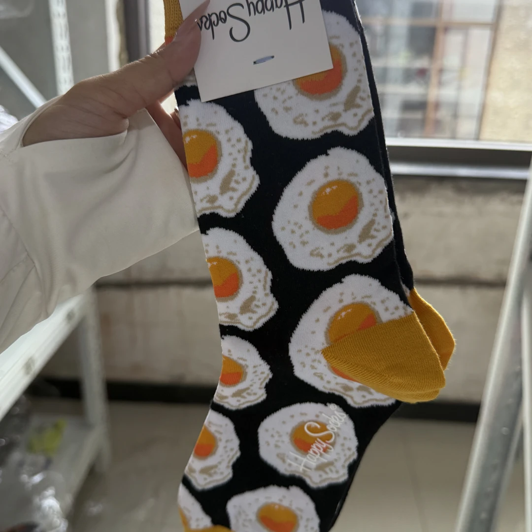 Happy潮流荷包蛋图案中筒袜男女情侣时尚棉袜