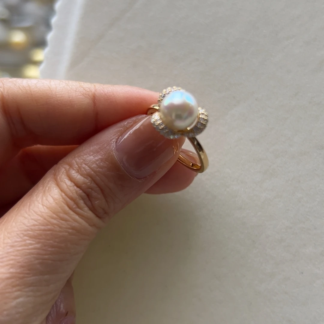 银S925镶嵌戒指海水珍珠7.9mm海水粉光Ak花朵戒指