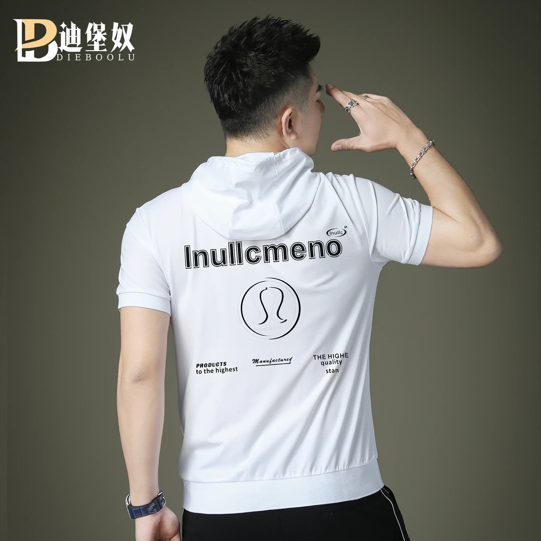 欧洲站2025夏季新款丝光棉轻奢潮流个性印花连帽短袖男士休闲卫衣