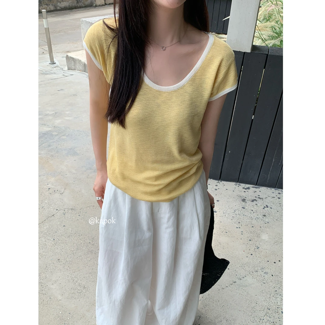 25835#KAPOK#韩系后背镂空U领撞色针织上衣（福利）