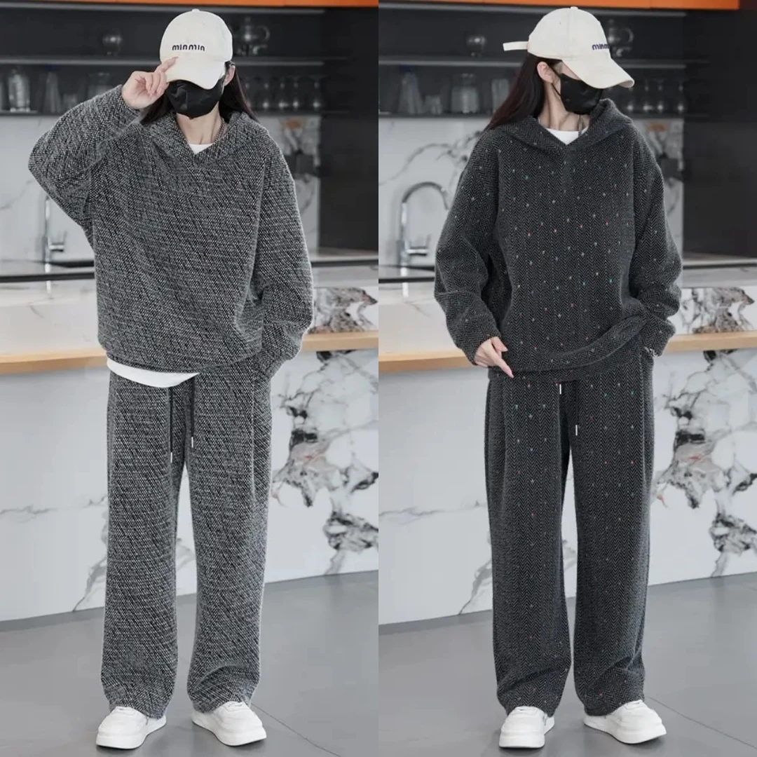 秋冬新款男士重磅加厚面宽松时尚潮流休闲套装保暖连帽卫衣休闲裤