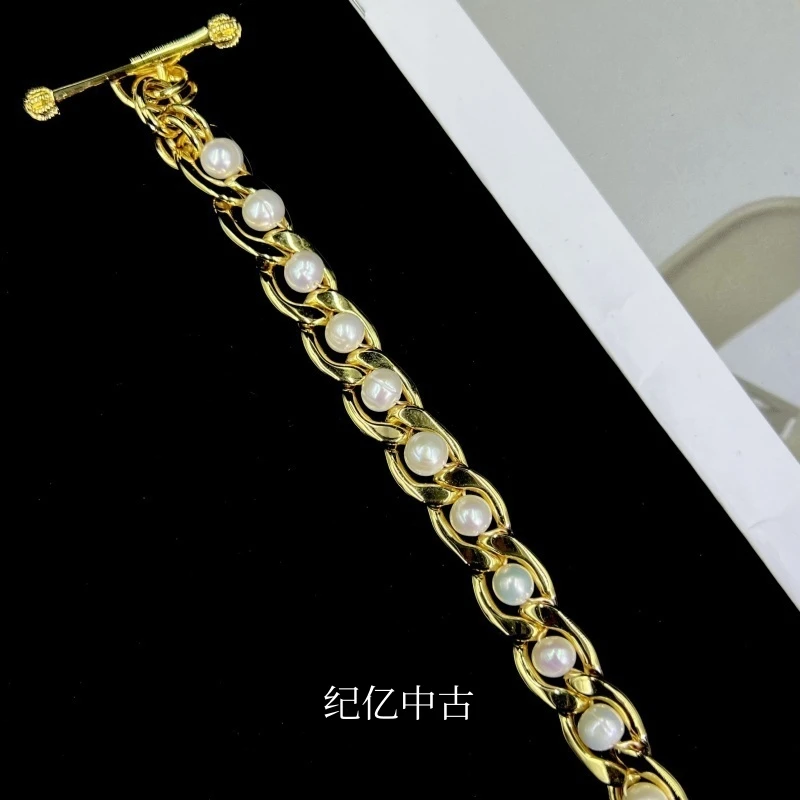 黄铜仿珍珠手链 JYpsl064中古手链镀18K金复古气质首饰女款时尚