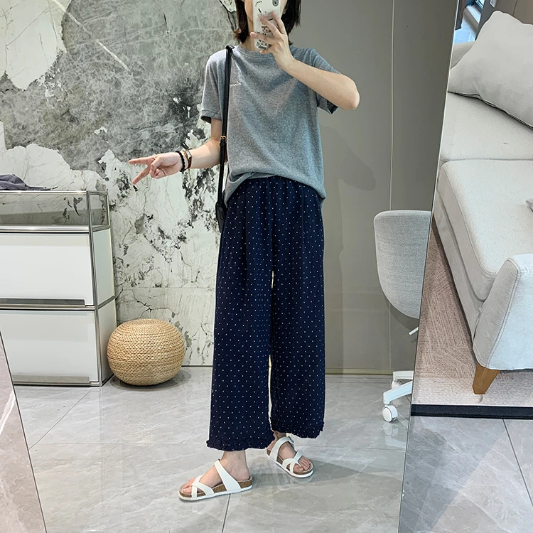 凉感波点花边裤夏季薄款松紧腰休闲裤宽松显瘦九分阔腿裤ins风