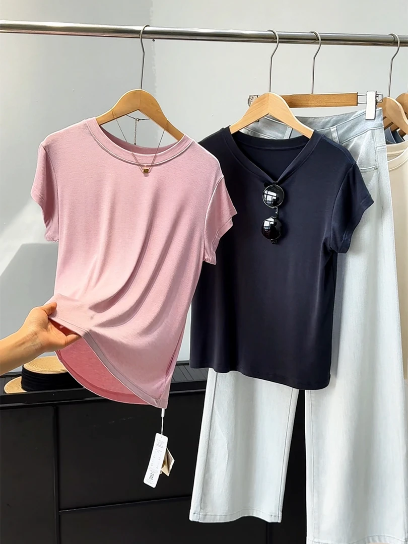 2025年春夏新款简约纯色圆领T恤女夏休闲百搭短袖上衣