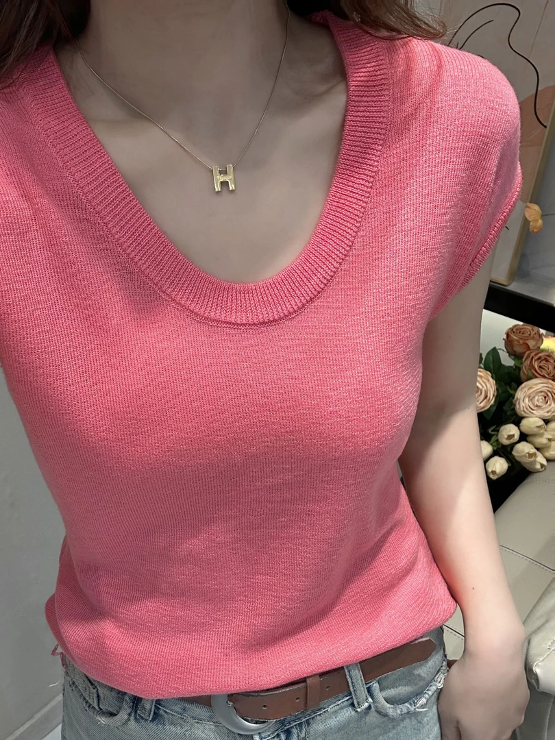 夏季新款日常多色百搭V领显瘦软糯薄款针织短袖上衣6625