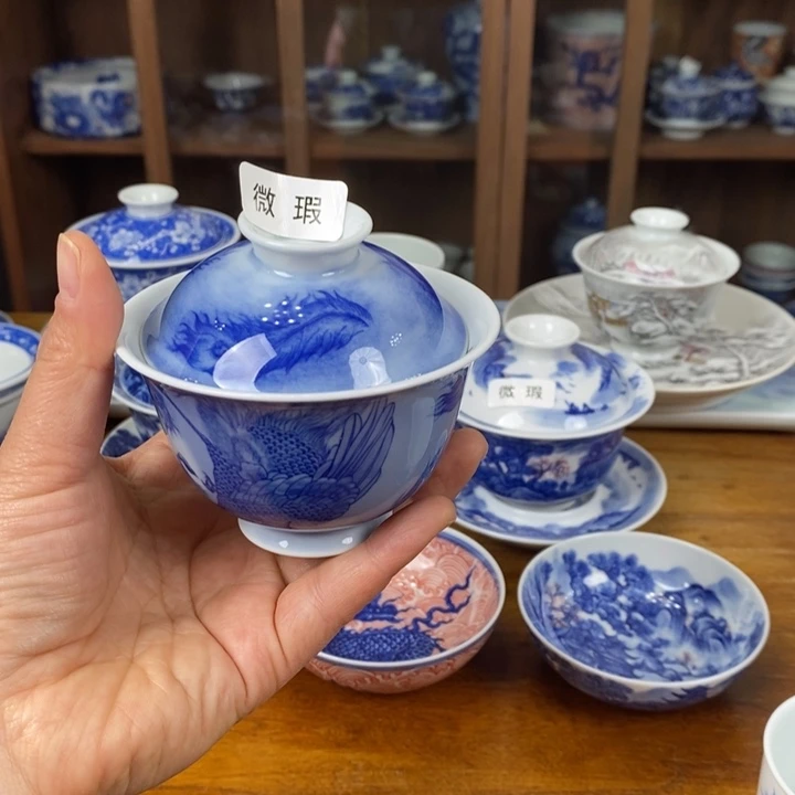 微瑕青花手绘凤凰盖碗