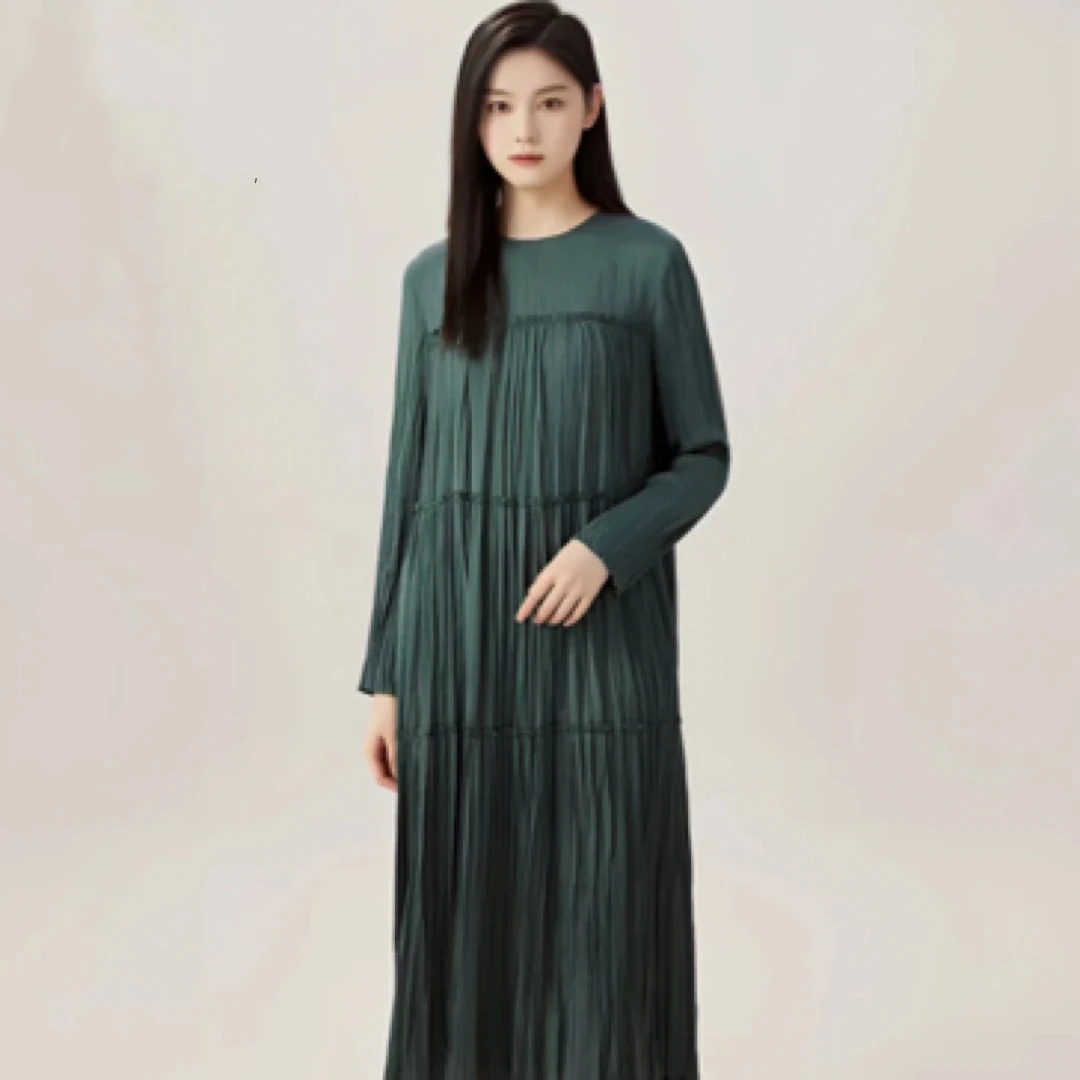 AMASS/阿玛施早春新款时尚千金风遮肉压褶长袖连衣裙复古 5500445