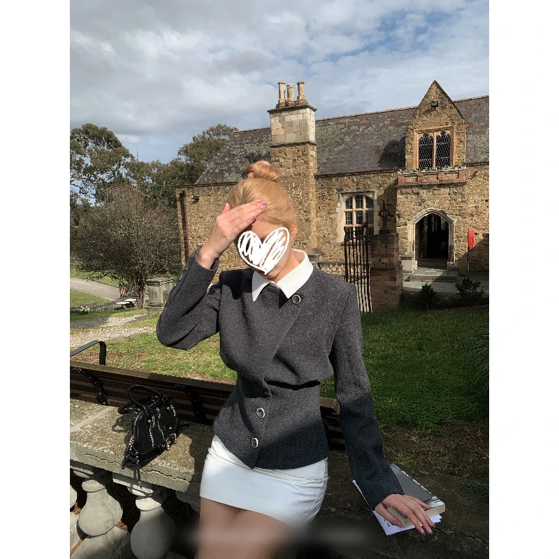 富家千金感穿搭假两件外套女秋高级感收腰上衣短外套女00878