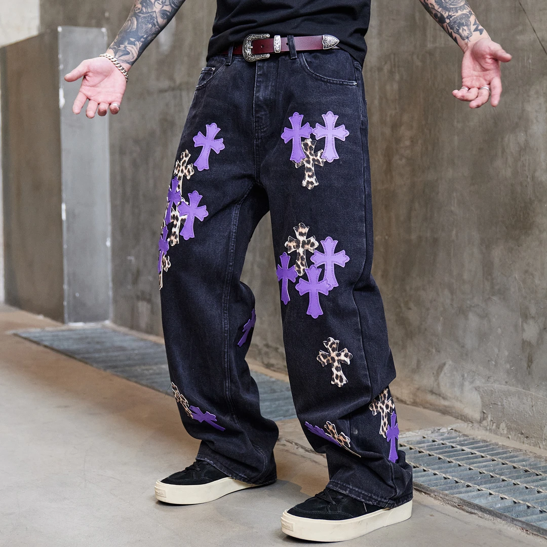 新款潮牌宽松直筒黑色水洗牛仔裤