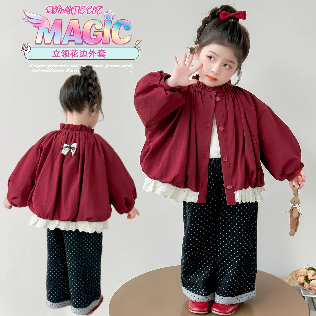 女童立领花边外套洋气儿童春秋季新款女宝宝休闲上衣小女孩开衫潮