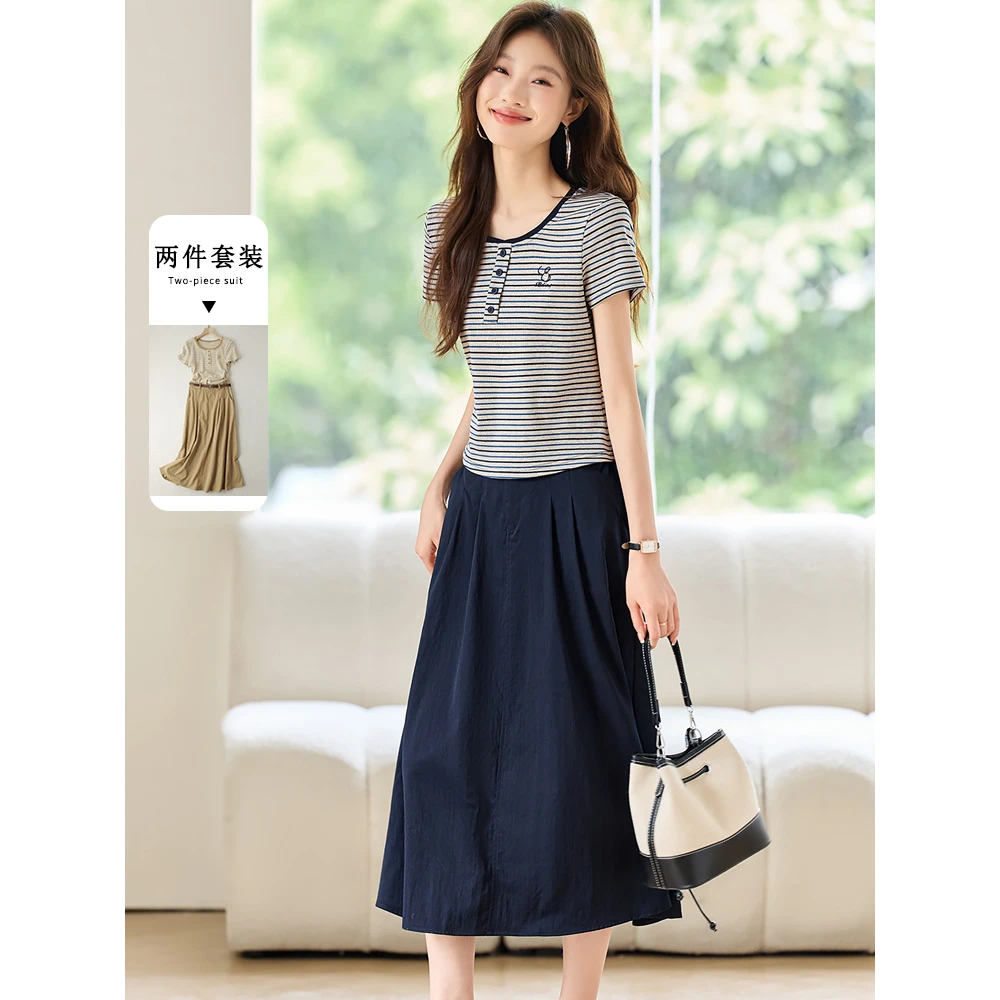 2025夏季新款气质两件套女时尚百搭显瘦上衣套装体恤衫