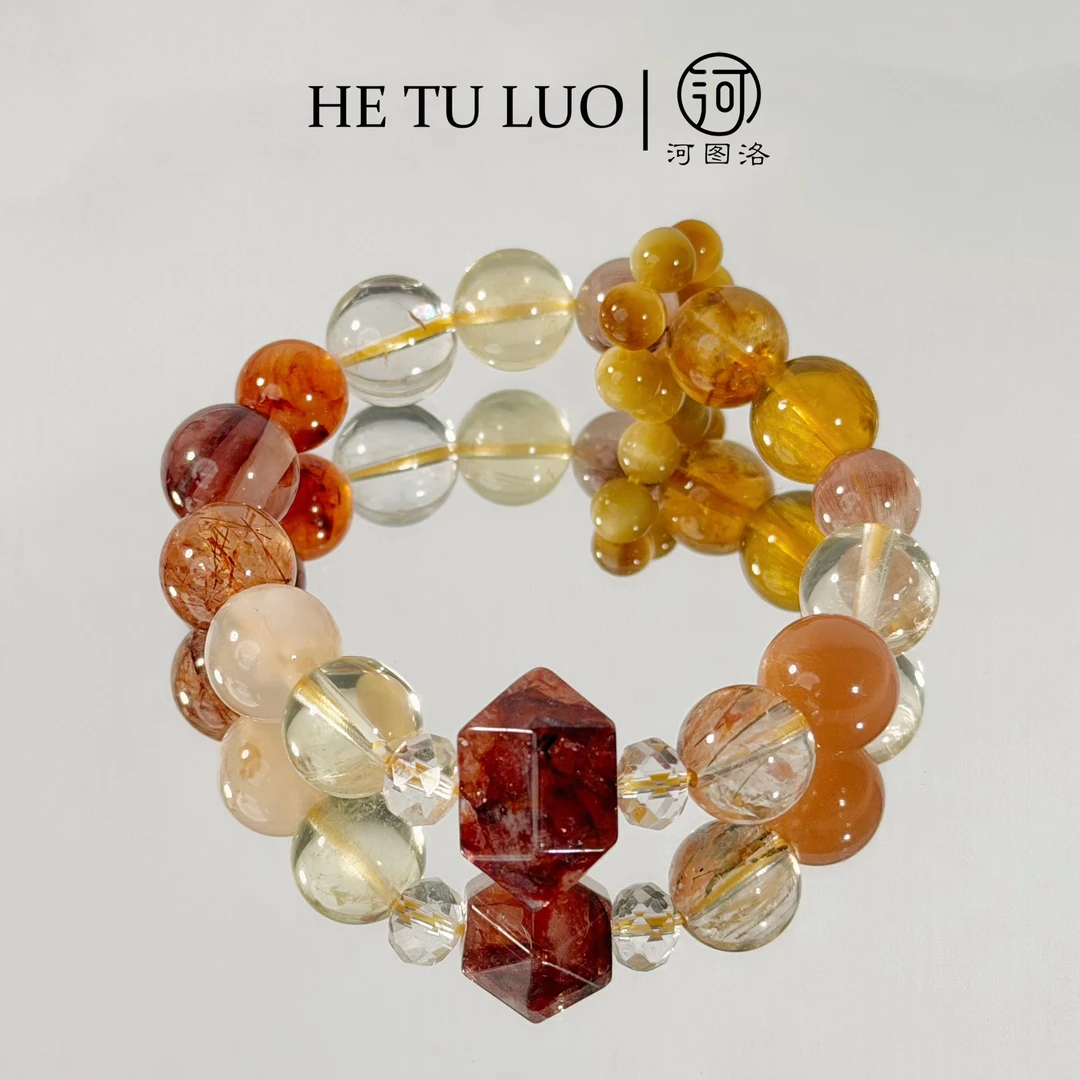 河图洛·「琥珀海」红胶花黑金超七黄水晶虎眼水晶手串多样性发其一