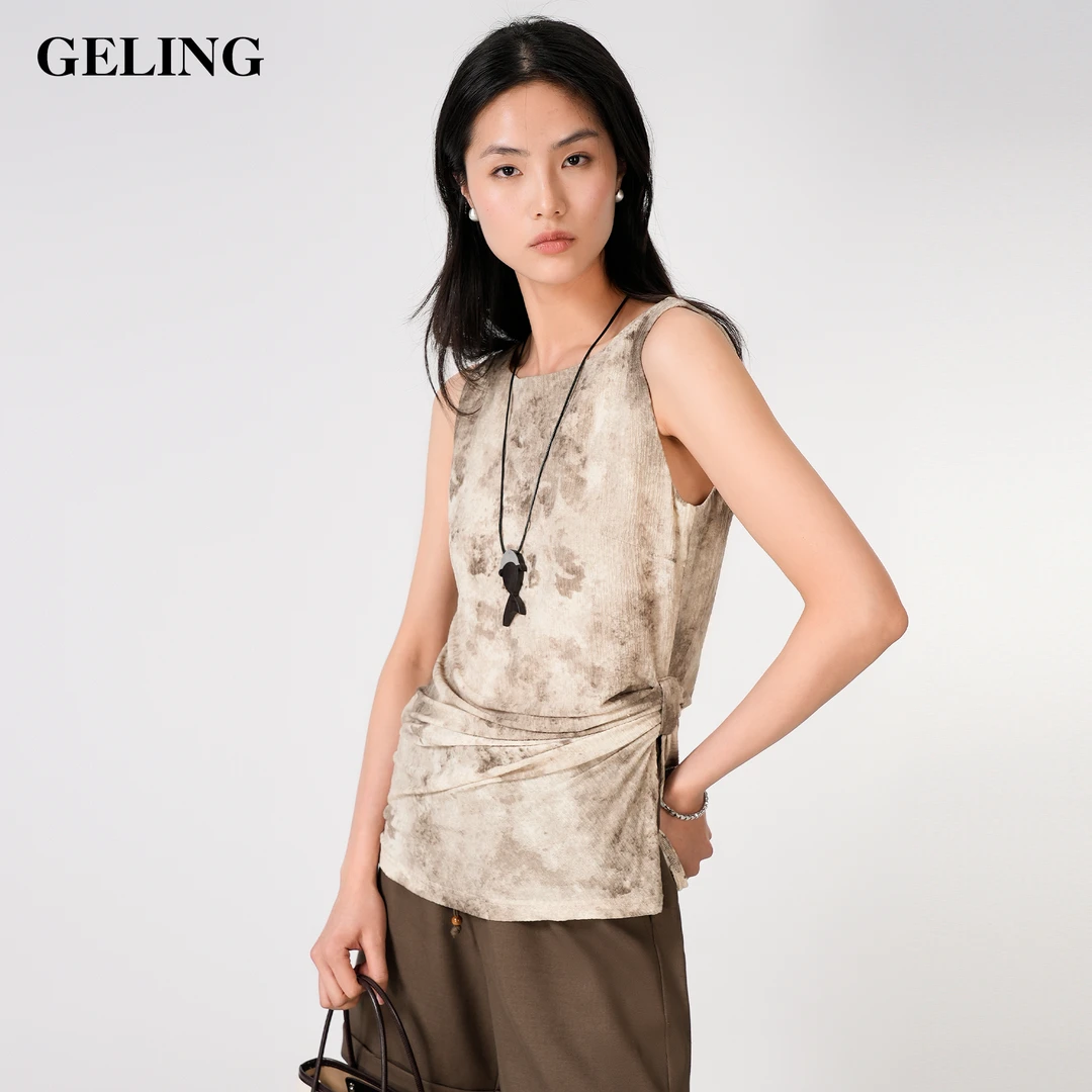 GELING/歌&玲2025新款夏季一字领提花收褶针织背心无袖G512X114T