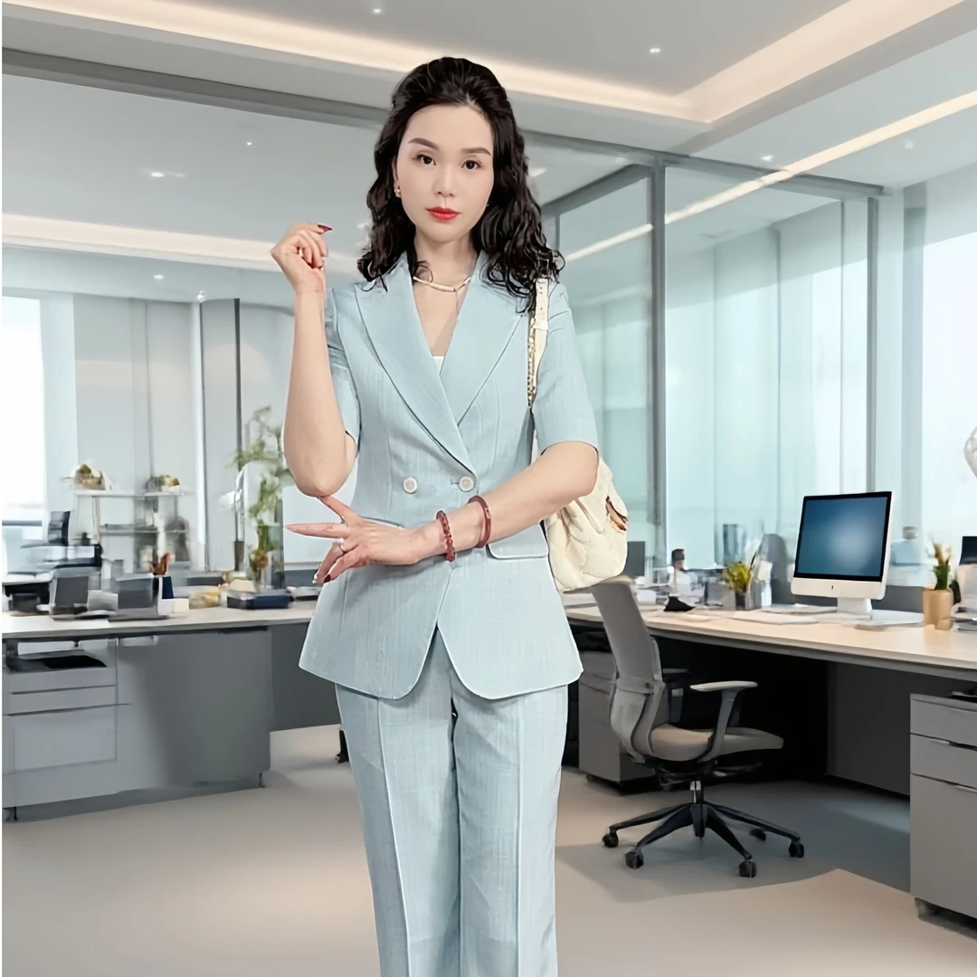 2025夏季薄款浅绿短袖双排时尚气质名媛女总裁霸气减龄职业套装