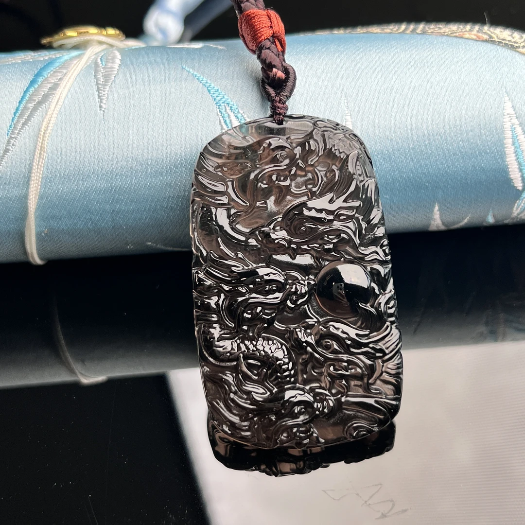 黑曜石龙牌吊坠五龙戏珠女士玉石挂件黑曜岩首饰男款   @只发一件