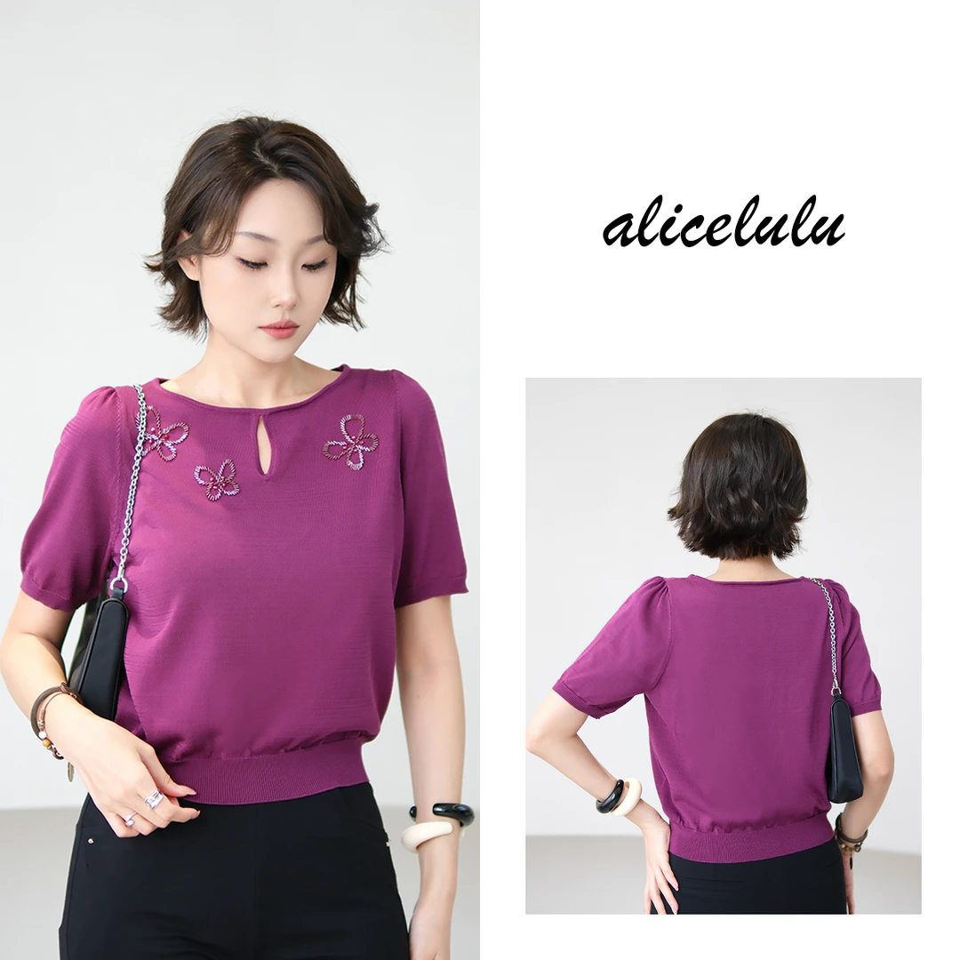 [alicelulu] 玫红色蝴蝶镂空毛针织衫小众设计感 S2142552L