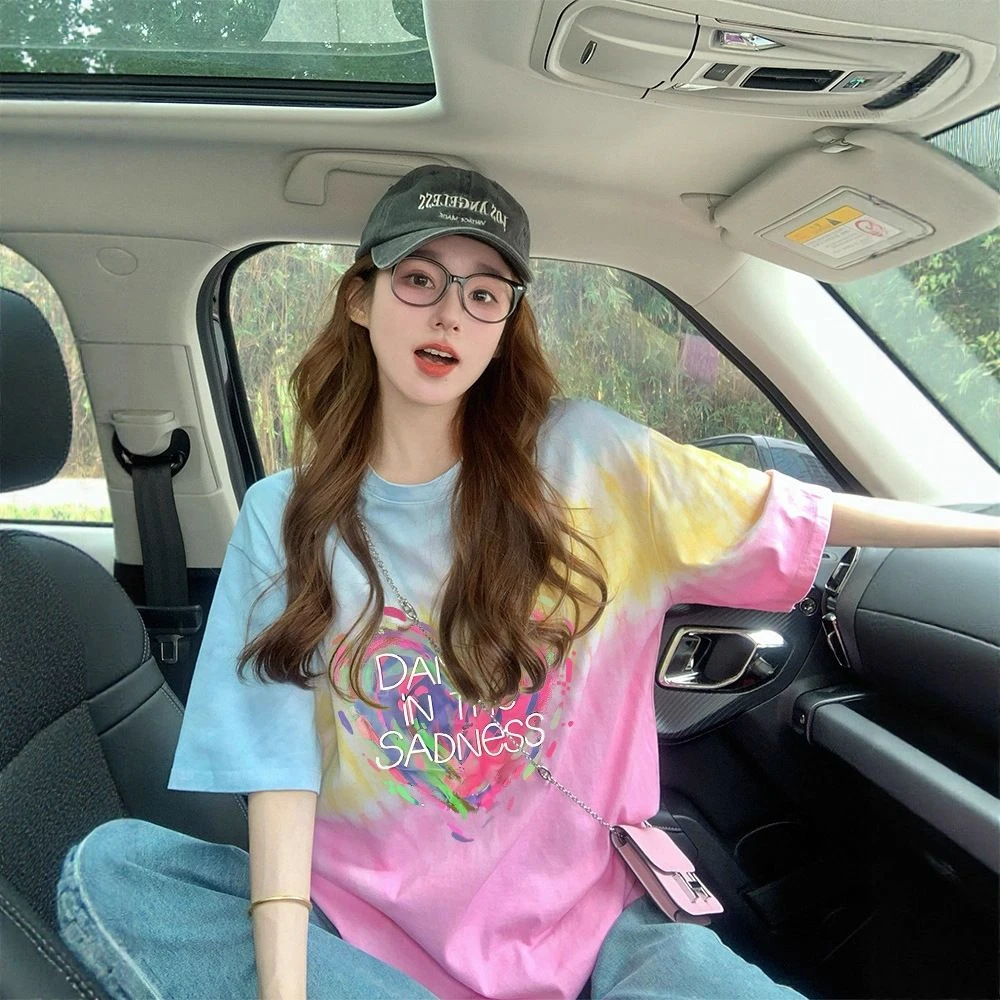 渐变扎染爱心短袖t恤女2025新款夏季美式高街小众设计感上衣