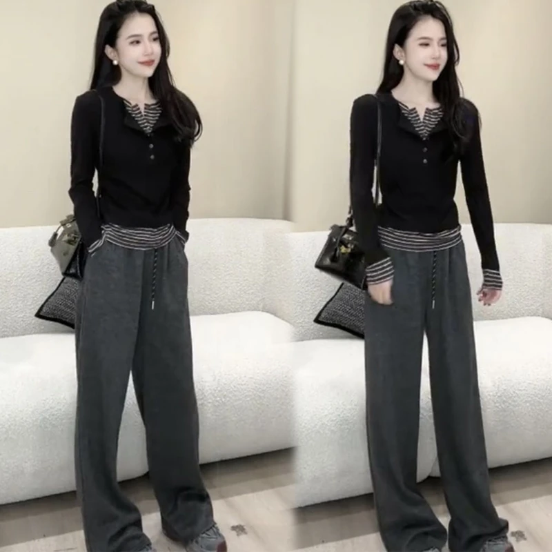 假两件撞色条纹长袖T恤女2025秋季新款设计感修身上衣裤子两件套