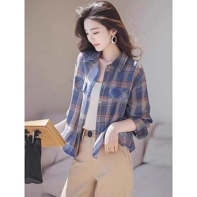 韩系时尚复古蓝色格子长袖衬衫女春秋季流行爆款小众设计感上衣潮