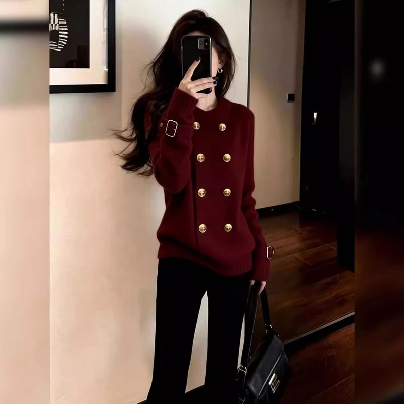 美式复古风时尚百搭休闲随性松弛酒红色毛衣外套2026冬双排扣开衫