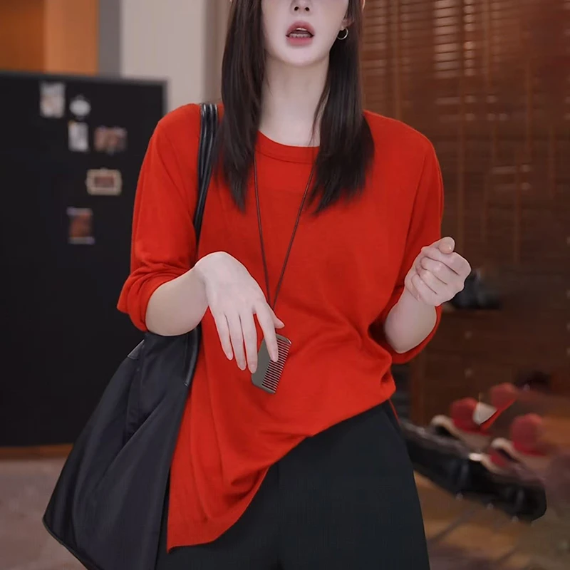 红色针织衫女士2025夏季宽松时尚显瘦减龄遮肉高级感休闲长袖上衣