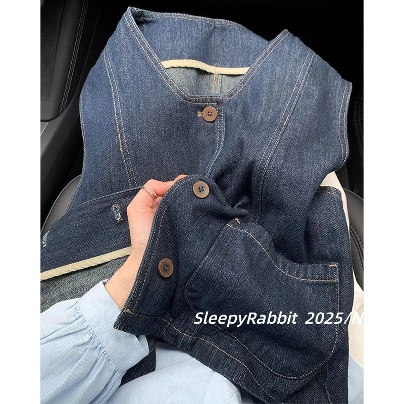 2025春夏短款新款复古牛仔马甲时尚无袖背心宽松休闲外套坎肩上衣