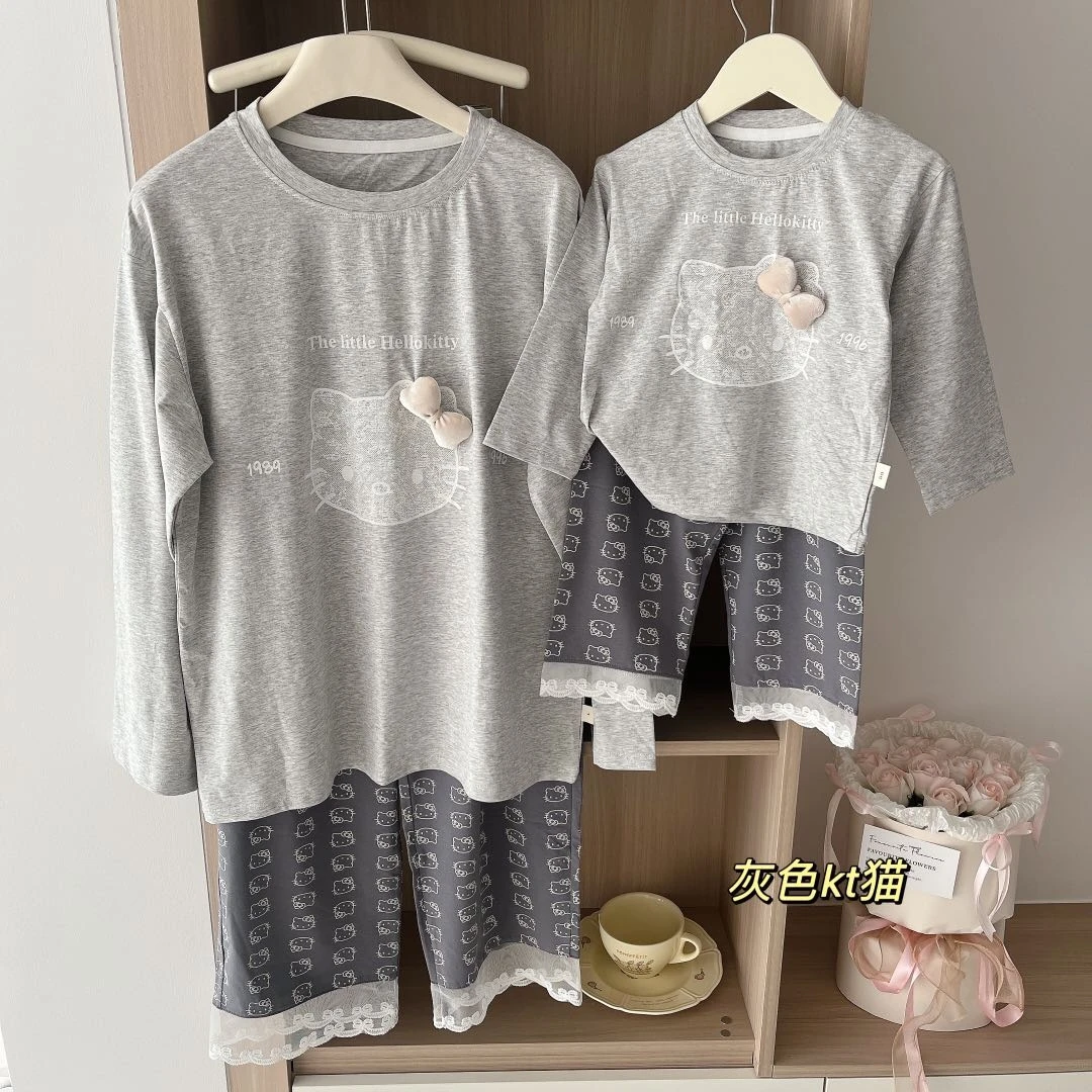 【现货】251-棉兔子童装2025秋新款亲子家居服套装68013灰色KT猫