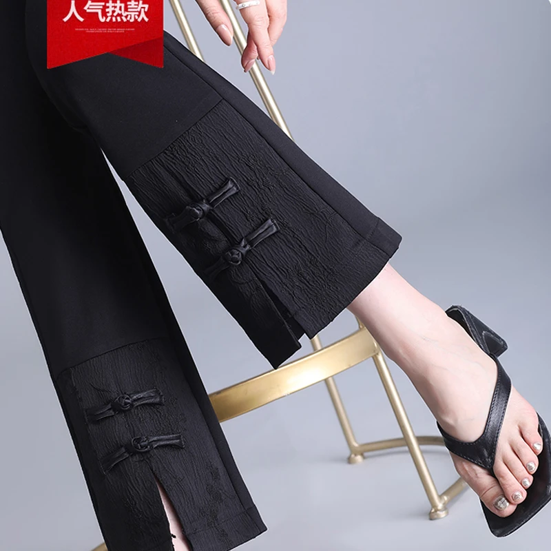 国民真淑女！国风微喇裤子2025新款高腰休闲裤新中式气质喇叭长裤