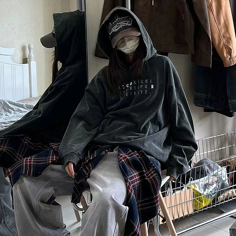 美式大码300斤水洗做旧连帽卫衣男女同款秋季印花套头卫衣外套潮