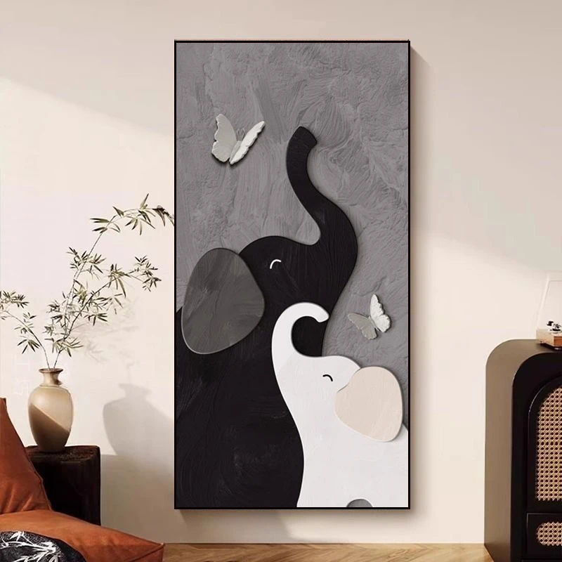 玄关过道挂画大象入户进门走廊装饰画高级感黑白氛围灯画客厅壁画