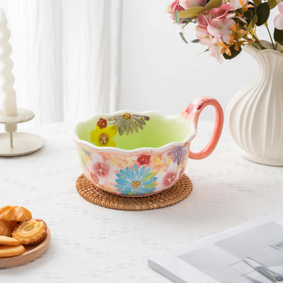 【SILESIA/出口原单】手雕濑户烧色彩花意-9英寸花边曲把碗