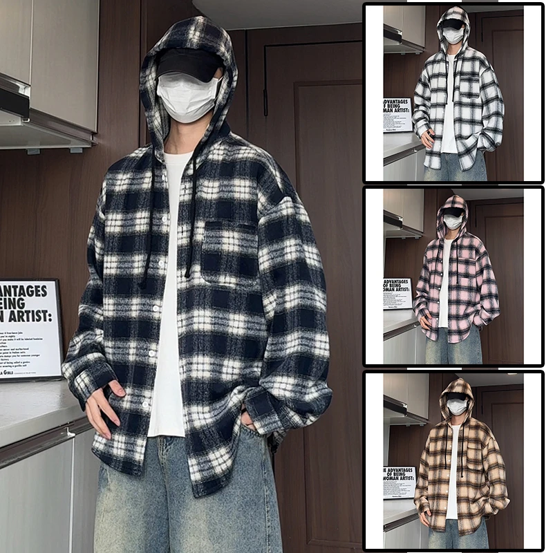 港味新款格子连帽衬衫外套男女春秋2025年新宽松慵懒风休闲上衣