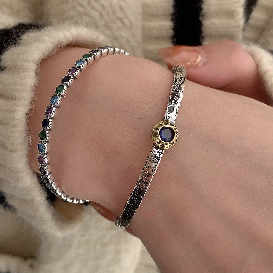 925银陶瓷手镯 s925银重工复古蓝色锆石撞色涂鸦手镯女ins小众设