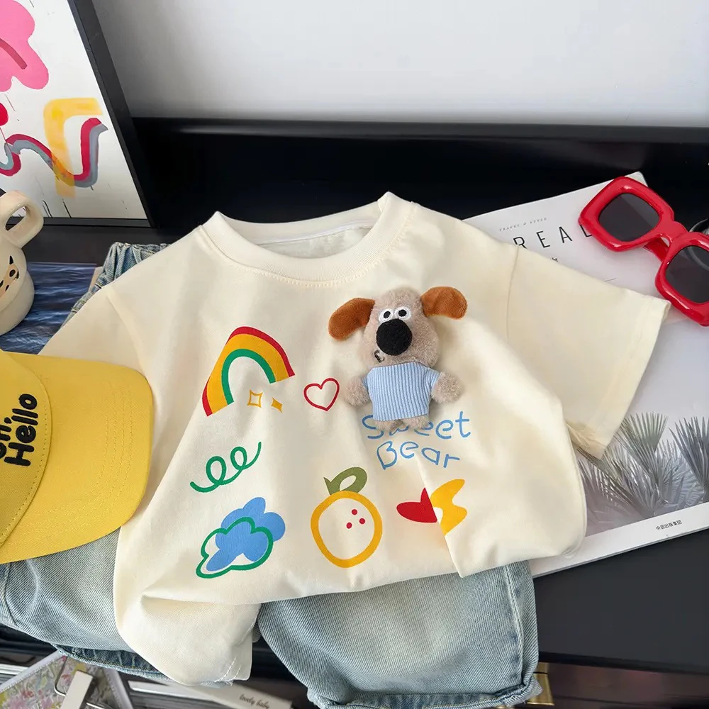 童装小狗夏季新款宽松版卡通短袖T恤打底衫清新活泼图案韩版