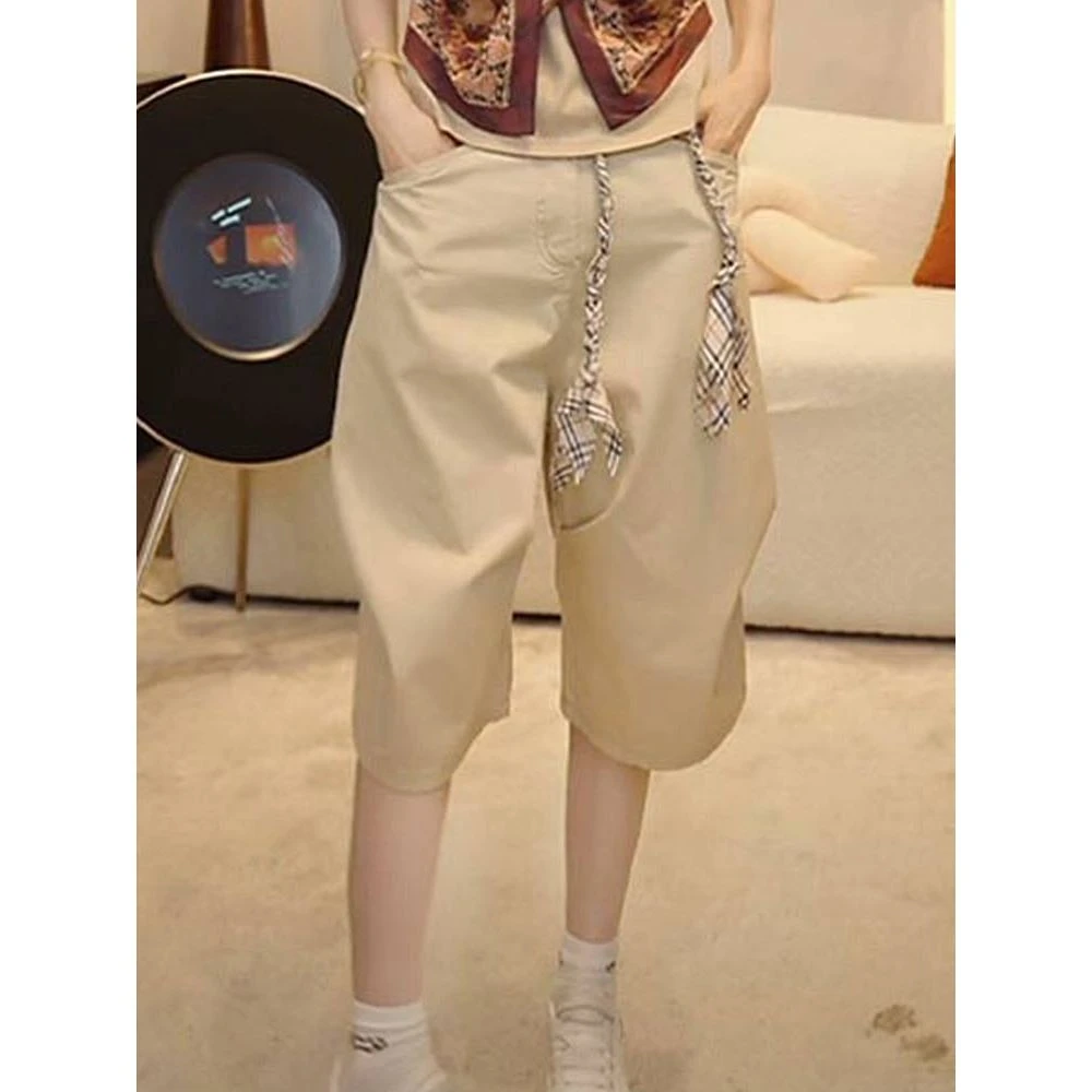 2025年夏季新款韩版时尚休闲设计感裤子女小众纯色休闲潮流七分裤