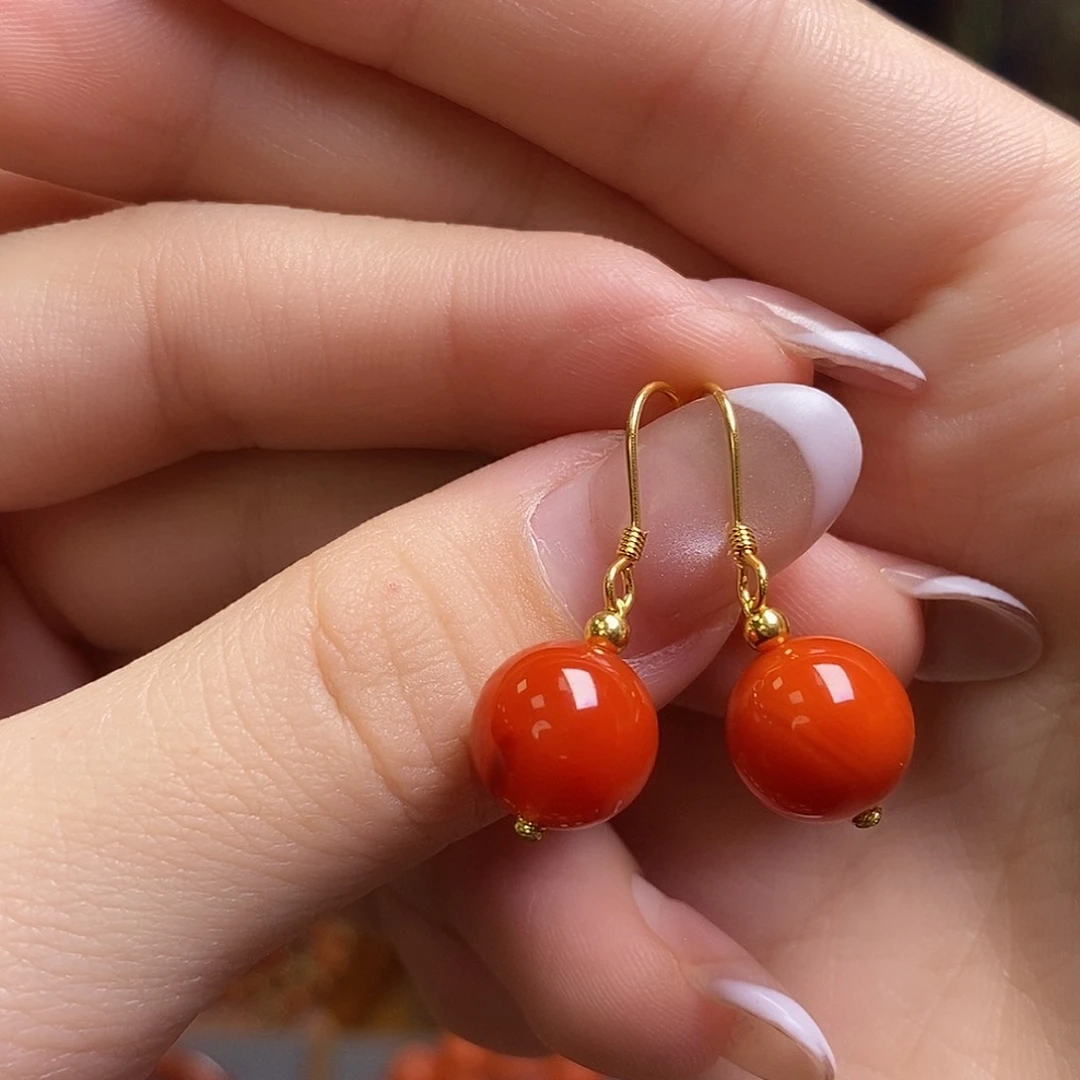 南红玛瑙耳钩银S925镶嵌